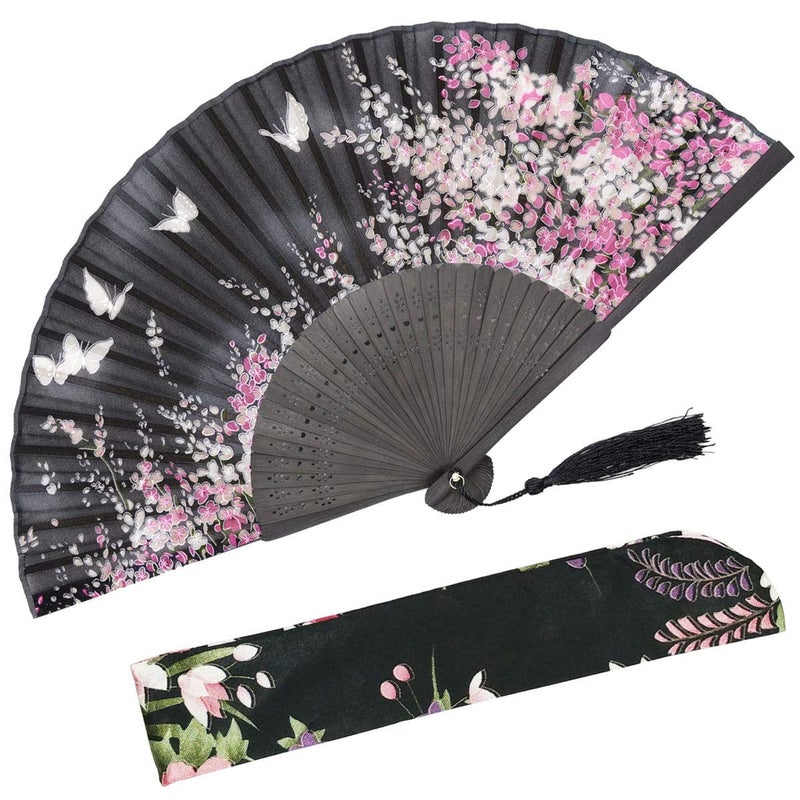 OMyTea Folding Hand Held Fan for Women Sakura Chinese/Japanese Vintage Retro Style - with a Fabric Sleeve for Protection (WZS-Black) - Image 1
